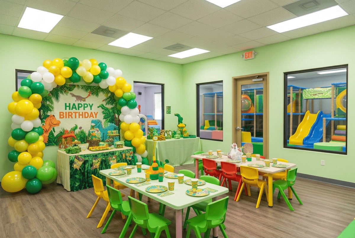 Dinosaur jungle party setup by Dekan Events